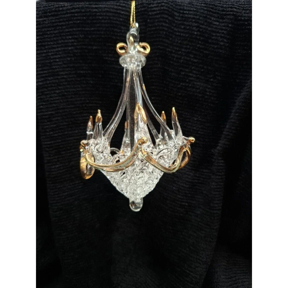 Vintage Spun Glass Chandelier Ornament Clear Gold Hanging Christmas 5